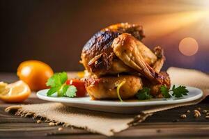 une assiette de poulet avec citron tranches et herbes. généré par ai photo