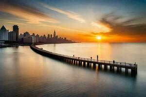 le Soleil monte plus de le Chicago ligne d'horizon. généré par ai photo