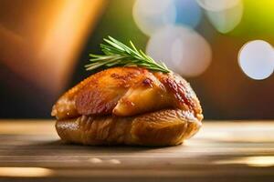 une pièce de poulet sur une en bois tableau. généré par ai photo