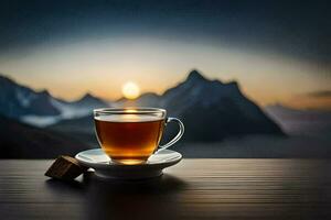 une tasse de thé sur une table dans de face de montagnes. généré par ai photo