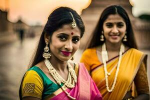 deux femmes dans traditionnel saris pose pour le caméra. généré par ai photo