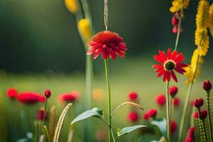 rouge fleurs dans une champ avec vert herbe. généré par ai photo