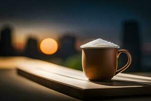 une tasse de café sur une en bois table dans de face de une ville ligne d'horizon. généré par ai photo