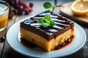 une pièce de gâteau avec caramel sauce et une verre de jus. généré par ai photo