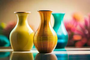 Trois des vases sont séance sur une tableau. généré par ai photo