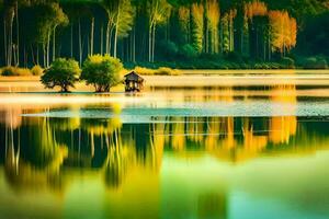 une Lac avec des arbres et une cabane dans le milieu. généré par ai photo