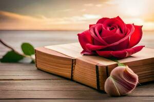 une rouge Rose est assis sur Haut de un vieux livre. généré par ai photo