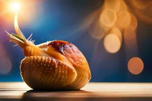 une escargot est séance sur une en bois table avec une lumière brillant dans le Contexte. généré par ai photo