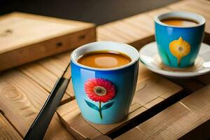 deux tasses de café avec fleurs sur eux. généré par ai photo