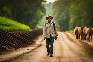 une homme en marchant vers le bas une saleté route avec vaches. généré par ai photo