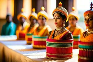 Indien femmes dans coloré costumes sont doublé en haut sur une tableau. généré par ai photo
