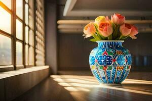 une vase avec coloré fleurs séance sur une tableau. généré par ai photo