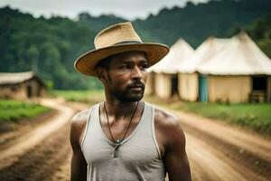 une homme portant une chapeau des stands dans de face de une saleté route. généré par ai photo