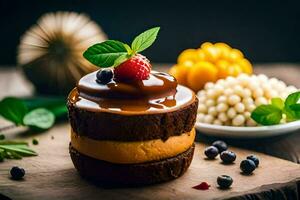 une Chocolat gâteau avec baies et des noisettes. généré par ai photo