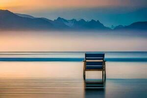 une chaise est assis sur le plage à le coucher du soleil avec montagnes dans le Contexte. généré par ai photo