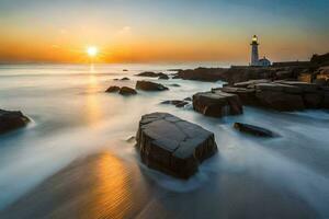 une phare est vu dans le distance à le coucher du soleil. généré par ai photo