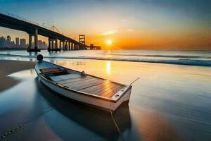 une bateau sur le plage à le coucher du soleil. généré par ai photo