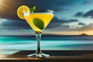 une cocktail avec citron et menthe sur le plage. généré par ai photo