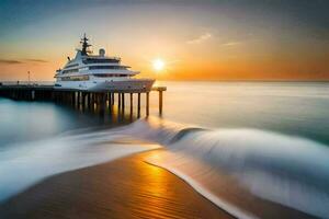une yacht amarré à le jetée à le coucher du soleil. généré par ai photo