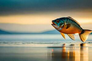 une poisson est sauter en dehors de le l'eau à le coucher du soleil. généré par ai photo