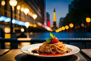 spaghetti avec fraise et sauce sur une assiette dans Paris. généré par ai photo