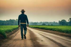 une homme en marchant vers le bas une saleté route dans le milieu de une champ. généré par ai photo