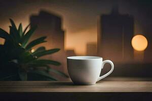 une café tasse sur une table dans de face de une paysage urbain. généré par ai photo