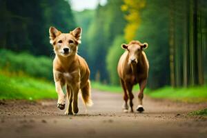 deux chiens fonctionnement vers le bas une saleté route dans le les bois. généré par ai photo