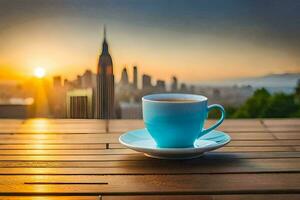 une tasse de café sur une en bois table dans de face de une paysage urbain. généré par ai photo