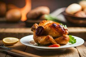 une assiette de poulet avec des légumes et citron sur une en bois tableau. généré par ai photo