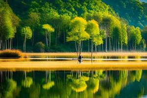 une Lac avec des arbres et une bateau dans le milieu. généré par ai photo