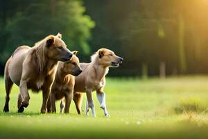 Trois chiens fonctionnement dans le herbe. généré par ai photo