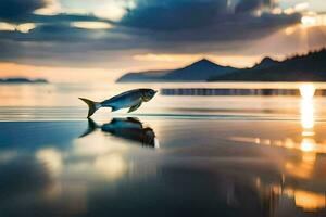 une poisson est permanent sur le l'eau à le coucher du soleil. généré par ai photo