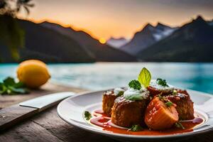 une assiette de nourriture avec une le coucher du soleil dans le Contexte. généré par ai photo