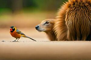 une oiseau et une Lion permanent suivant à chaque autre. généré par ai photo