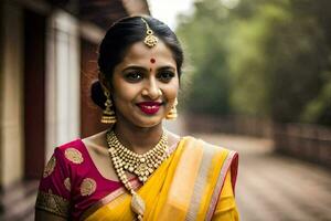 une femme dans une Jaune sari et or bijoux. généré par ai photo