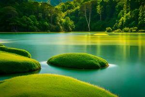 vert herbe et rochers dans une lac. généré par ai photo