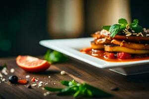 une assiette de nourriture avec des légumes et fruit. généré par ai photo