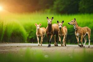 une groupe de cerf en marchant sur une route. généré par ai photo