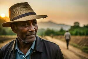 une homme dans une chapeau des stands sur une saleté route. généré par ai photo