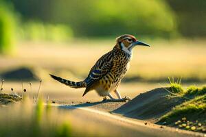 une oiseau est permanent sur le route dans le Matin. généré par ai photo