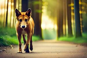 une chien en marchant vers le bas une chemin dans le les bois. généré par ai photo