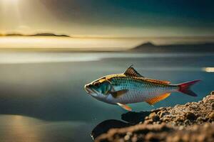 une poisson est permanent sur le bord de une rock. généré par ai photo