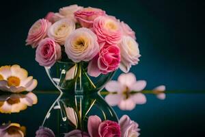 rose des roses dans une vase avec l'eau et fleurs. généré par ai photo