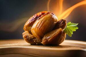 une pièce de poulet sur une en bois planche avec fumée à venir en dehors de il. généré par ai photo