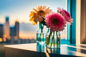 fleurs dans des vases sur une fenêtre seuil. généré par ai photo