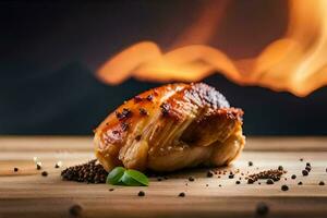 une pièce de poulet sur une en bois table avec épices. généré par ai photo