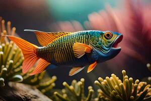 une poisson avec brillant couleurs est nager dans le océan. généré par ai photo