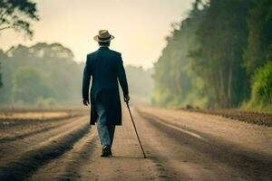 une homme dans une costume et chapeau en marchant vers le bas une saleté route. généré par ai photo