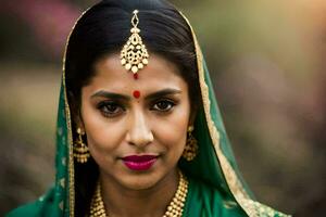 une magnifique Indien femme portant une vert sari. généré par ai photo